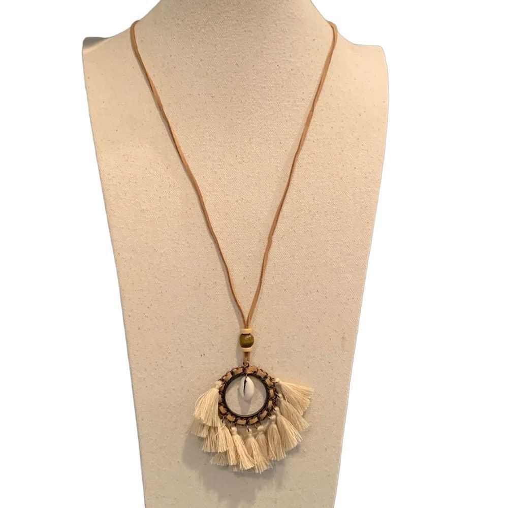 Cowrie Shell Pendant Necklace on Faux Suede Cord - Boho Beach Style